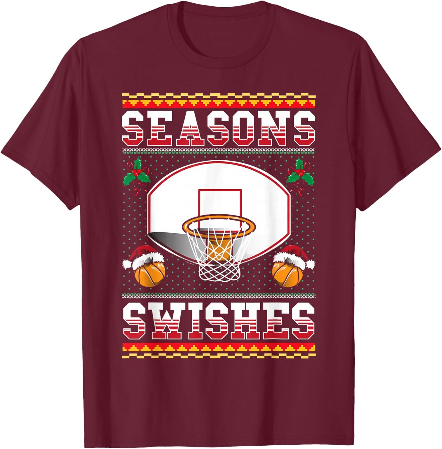 Basketball Seasons Swishes Ugly Christmas Pattern Sports T-Shirt - T-Shirt | Maroon