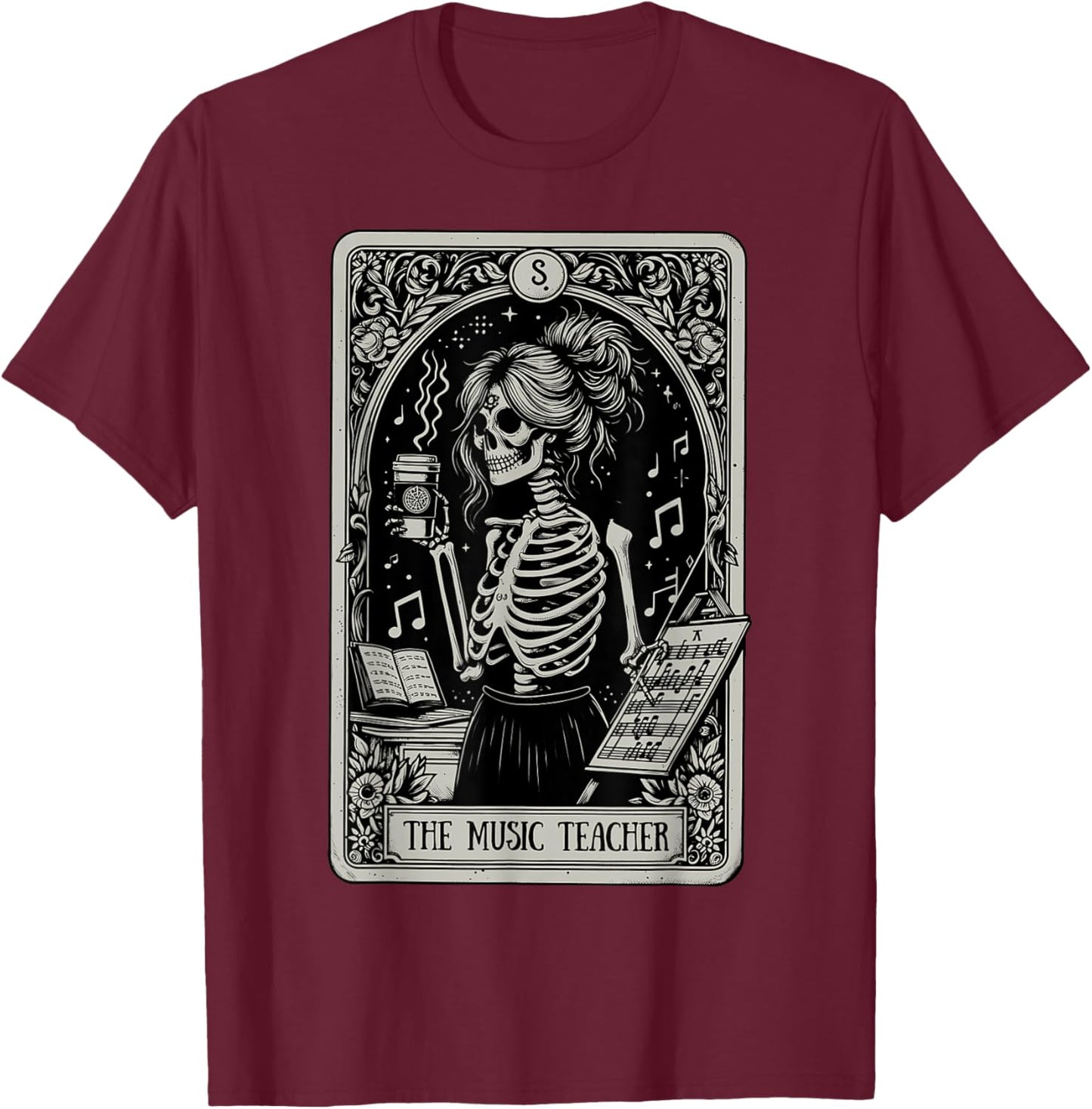 Funny Skeleton Music Teacher Tarot Card Halloween Musician T-Shirt - T-Shirt | Maroon
