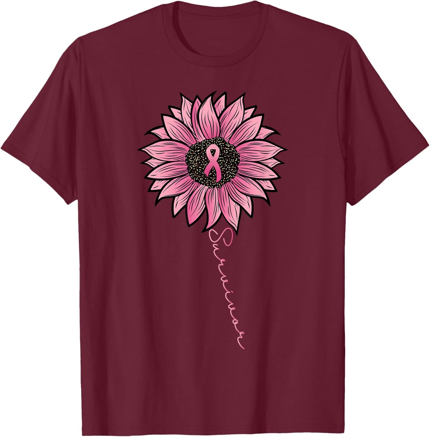 Sunflower Pink Ribbon Breast Cancer Survivor Awareness Women T-Shirt - T-Shirt | Maroon