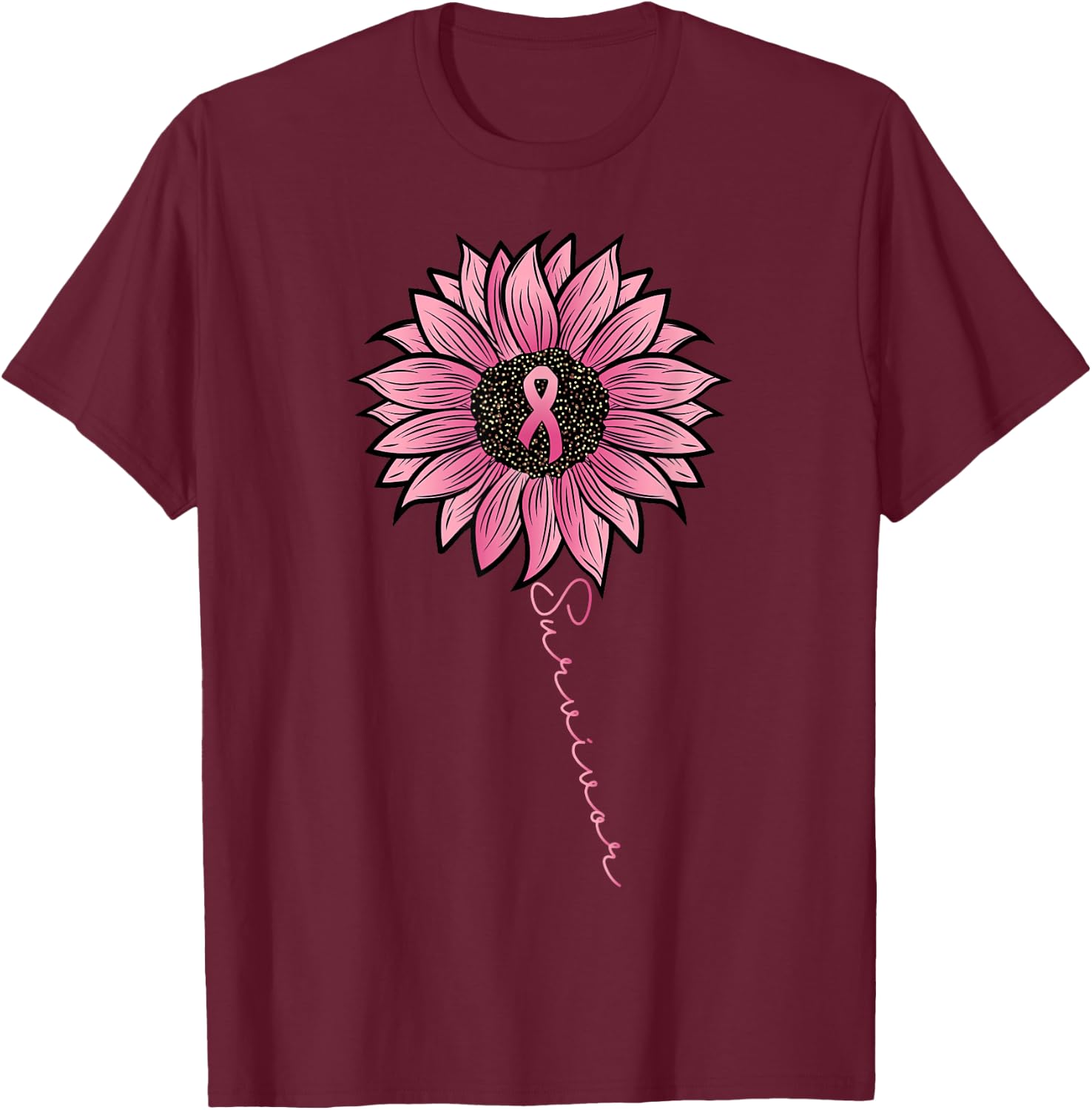 Sunflower Pink Ribbon Breast Cancer Survivor Awareness Women T-Shirt - T-Shirt | Maroon