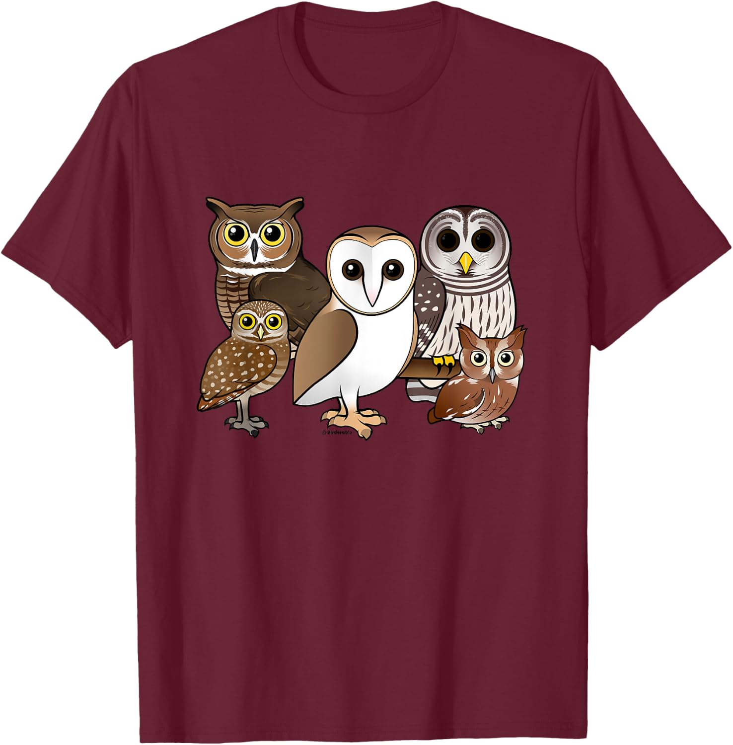 Five Different Birdorable Cartoon Owls | North America Owls T-Shirt - T-Shirt | Maroon
