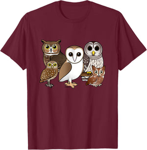 Five Different Birdorable Cartoon Owls | North America Owls T-Shirt - T-Shirt | Maroon