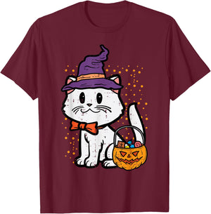 Halloween Witch Cat Trick Or Treat Kitten Costume Girls Kids T-Shirt - T-Shirt | Maroon