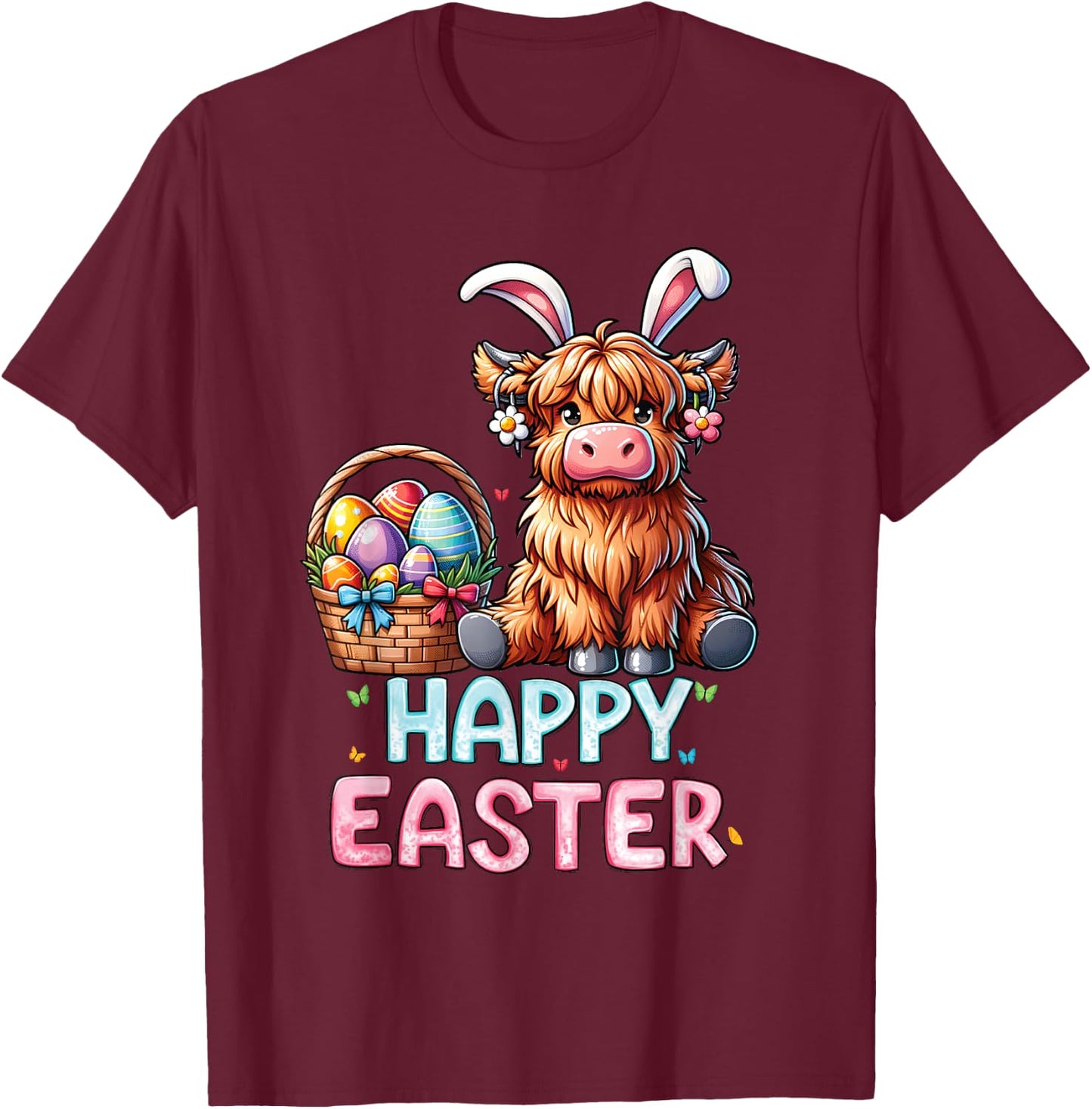 Happy Easter Day Highland Cow Cute Easter Bunny Women Kids T-Shirt - T-Shirt | Maroon