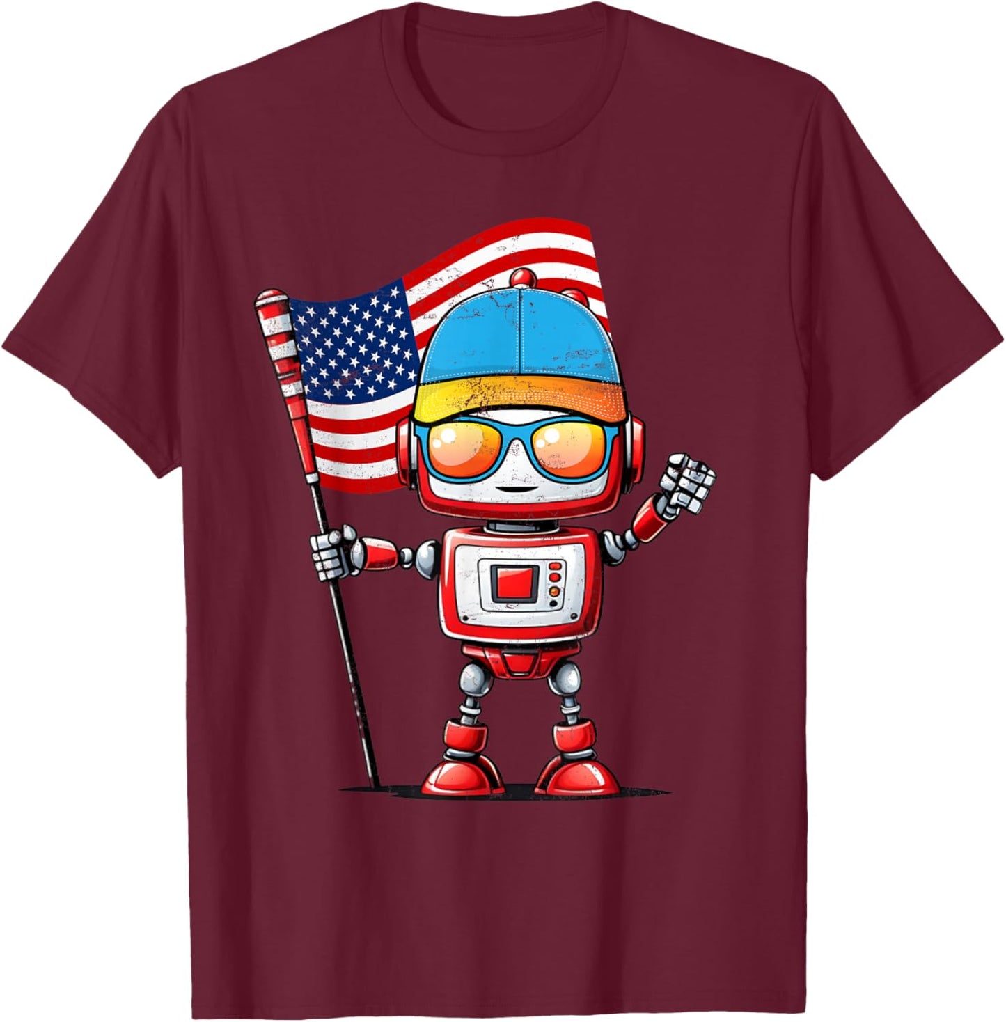 Funny Robot 4th Of July American USA Flag Robotics Kids Boys T-Shirt - T-Shirt | Maroon