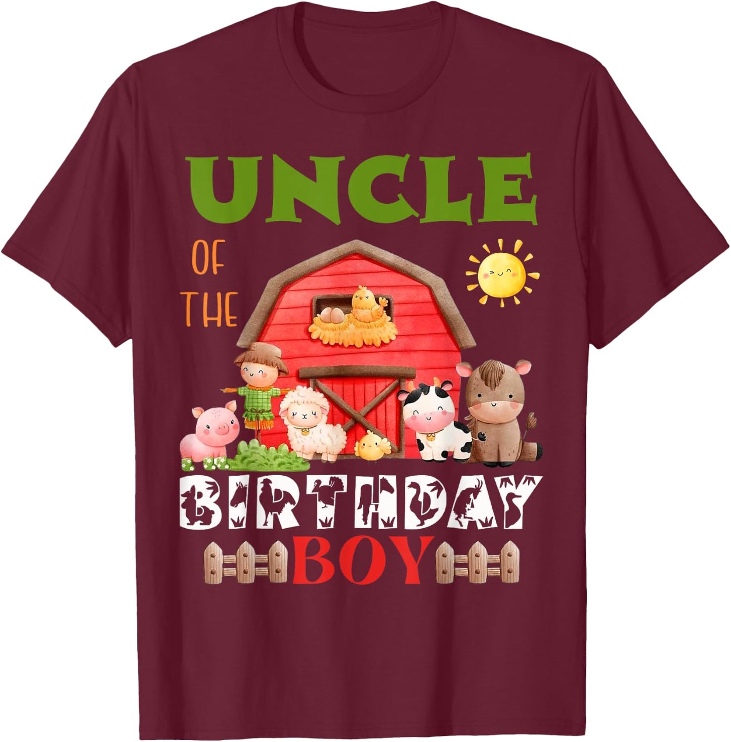 Uncle Of The Birthday Boy Farm Animal Bday Party Celebration T-Shirt - T-Shirt | Maroon