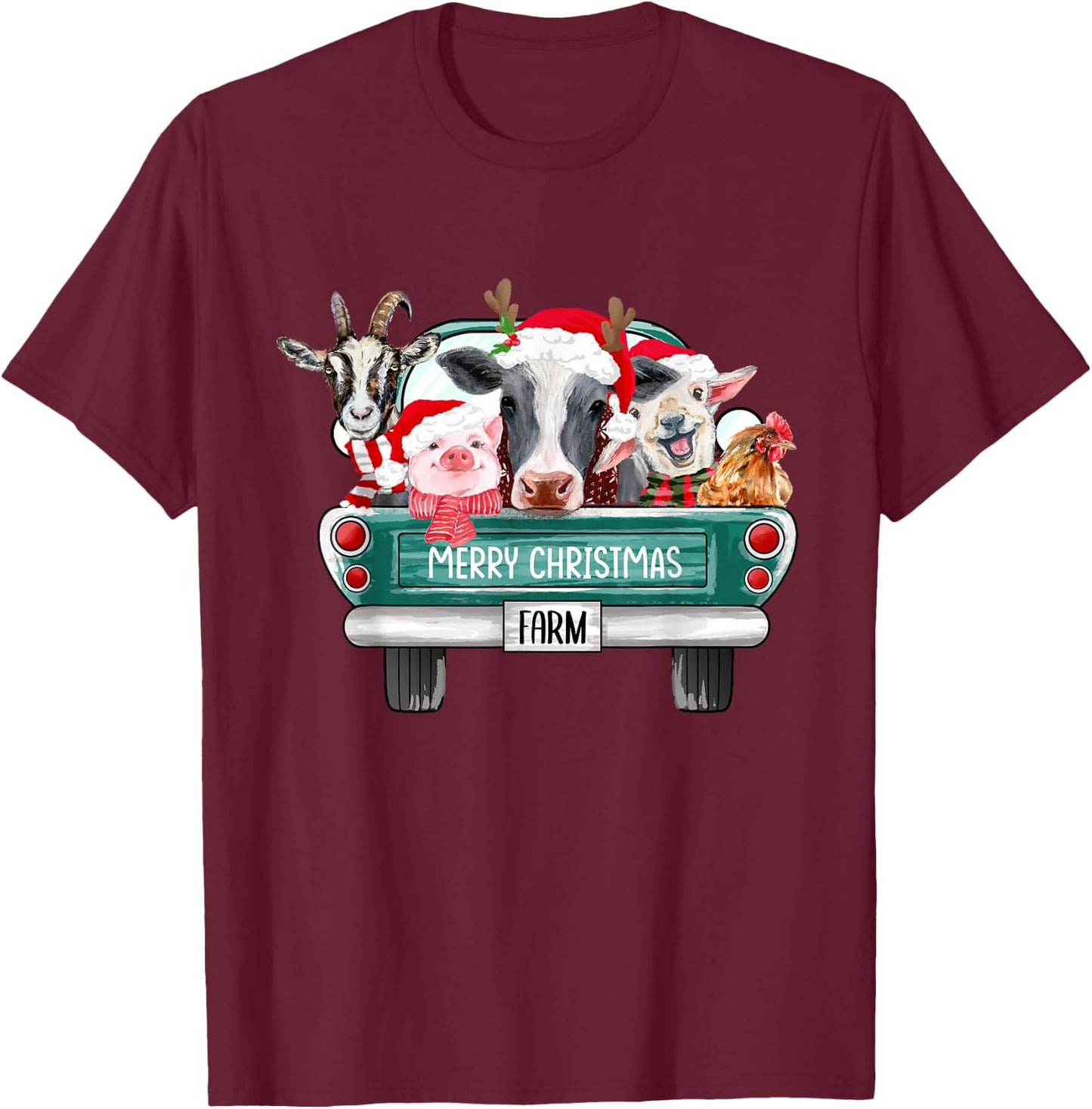 Christmas Farm Animals Truck Santa Hat Family Pajamas Xmas T-Shirt - T-Shirt | Maroon