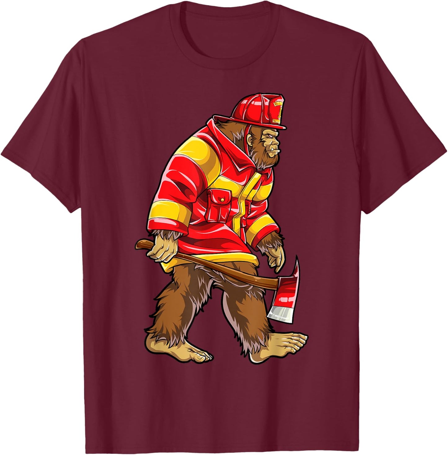 Bigfoot Firefighter Men Thin Red Line Sasquatch Lovers Funny T-Shirt - T-Shirt | Maroon