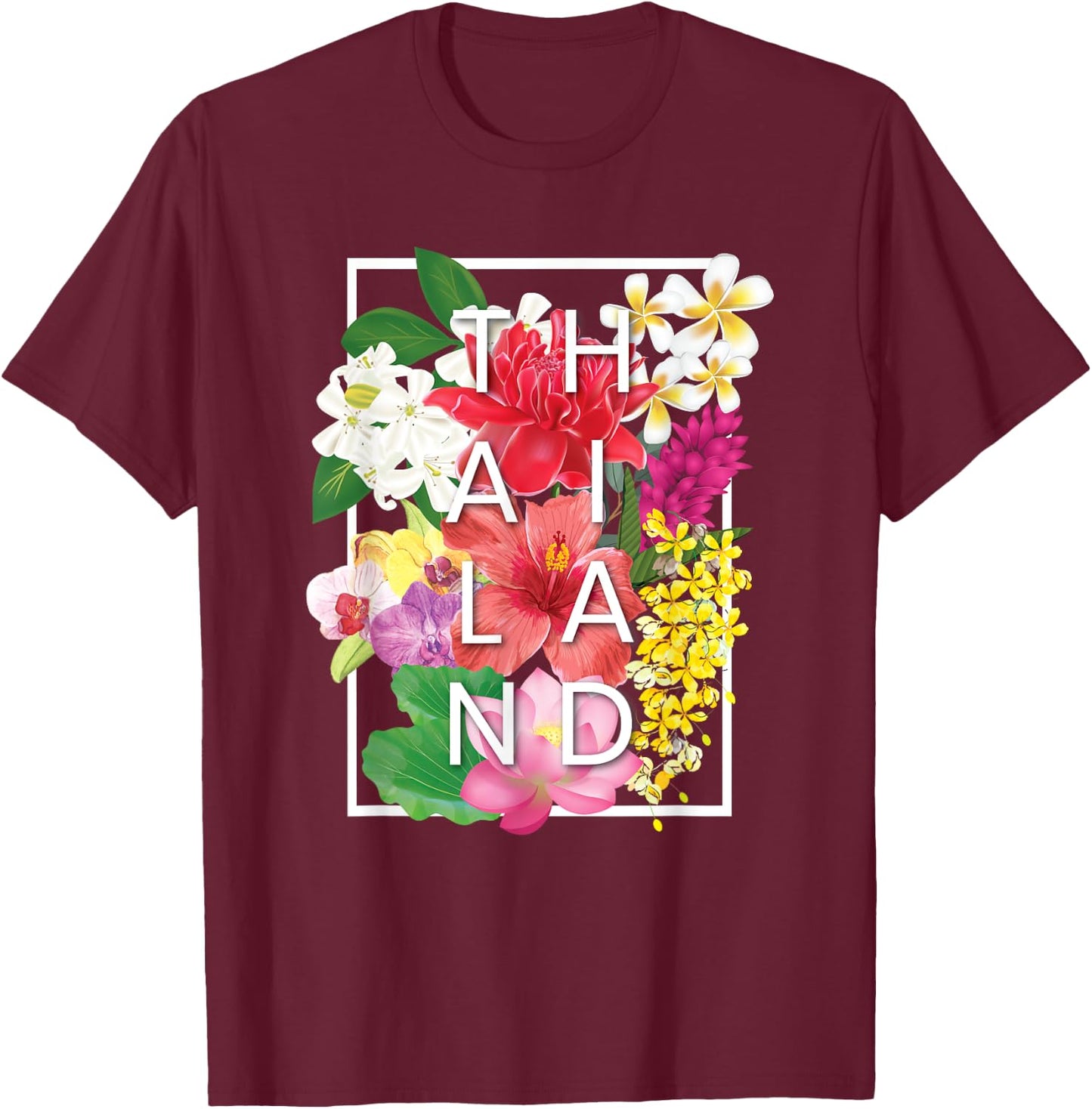 Flowers of Thailand Word Art - Thai Pride T-Shirt - T-Shirt | Maroon