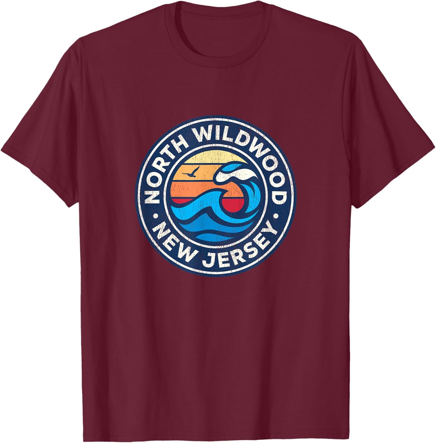 North Wildwood New Jersey NJ Vintage Nautical Waves Design T-Shirt - T-Shirt | Maroon