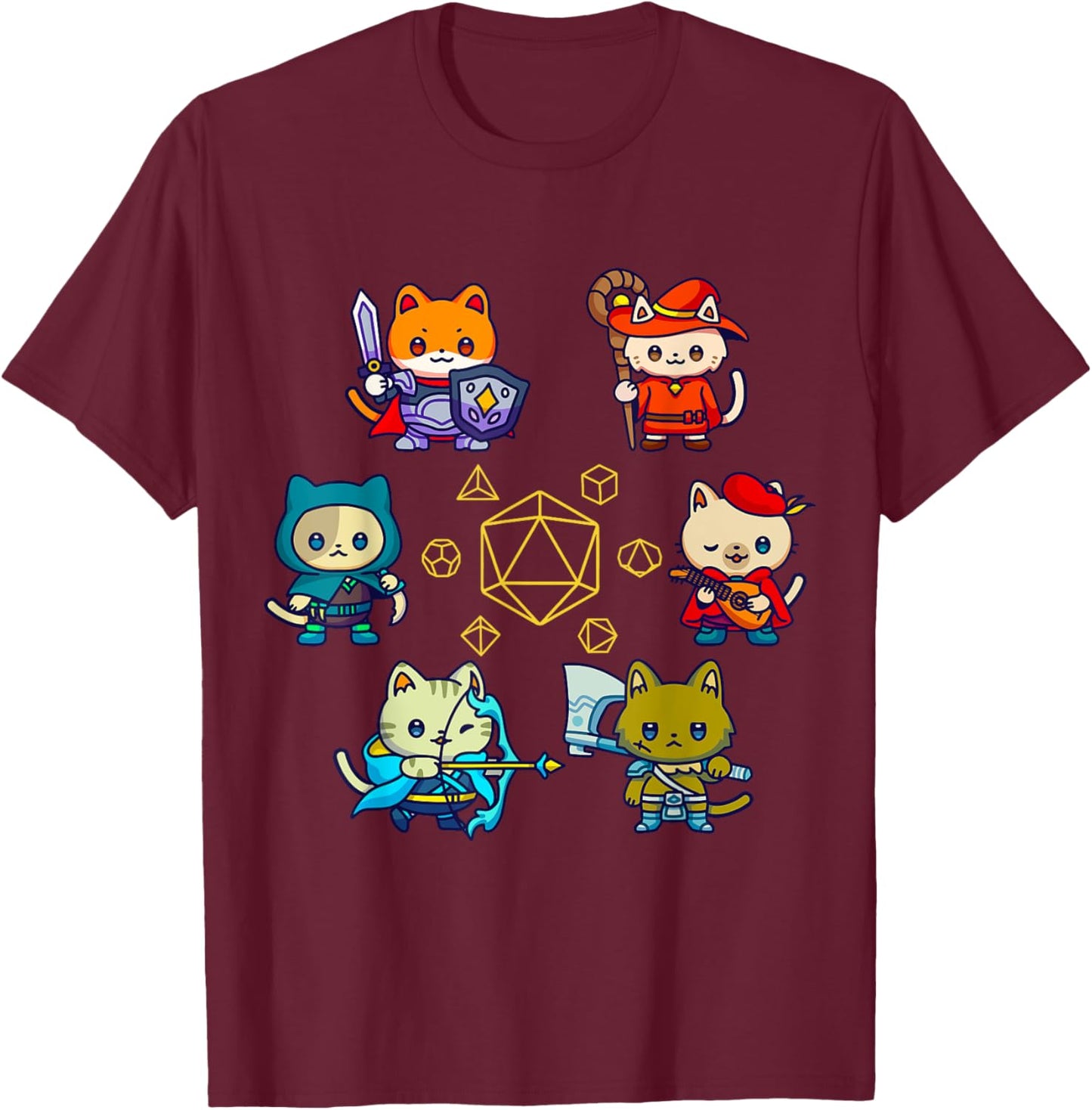 RPG Gamer Cats D20 Dice Nerdy Geek Cat Men Women Kids T-Shirt - T-Shirt | Maroon