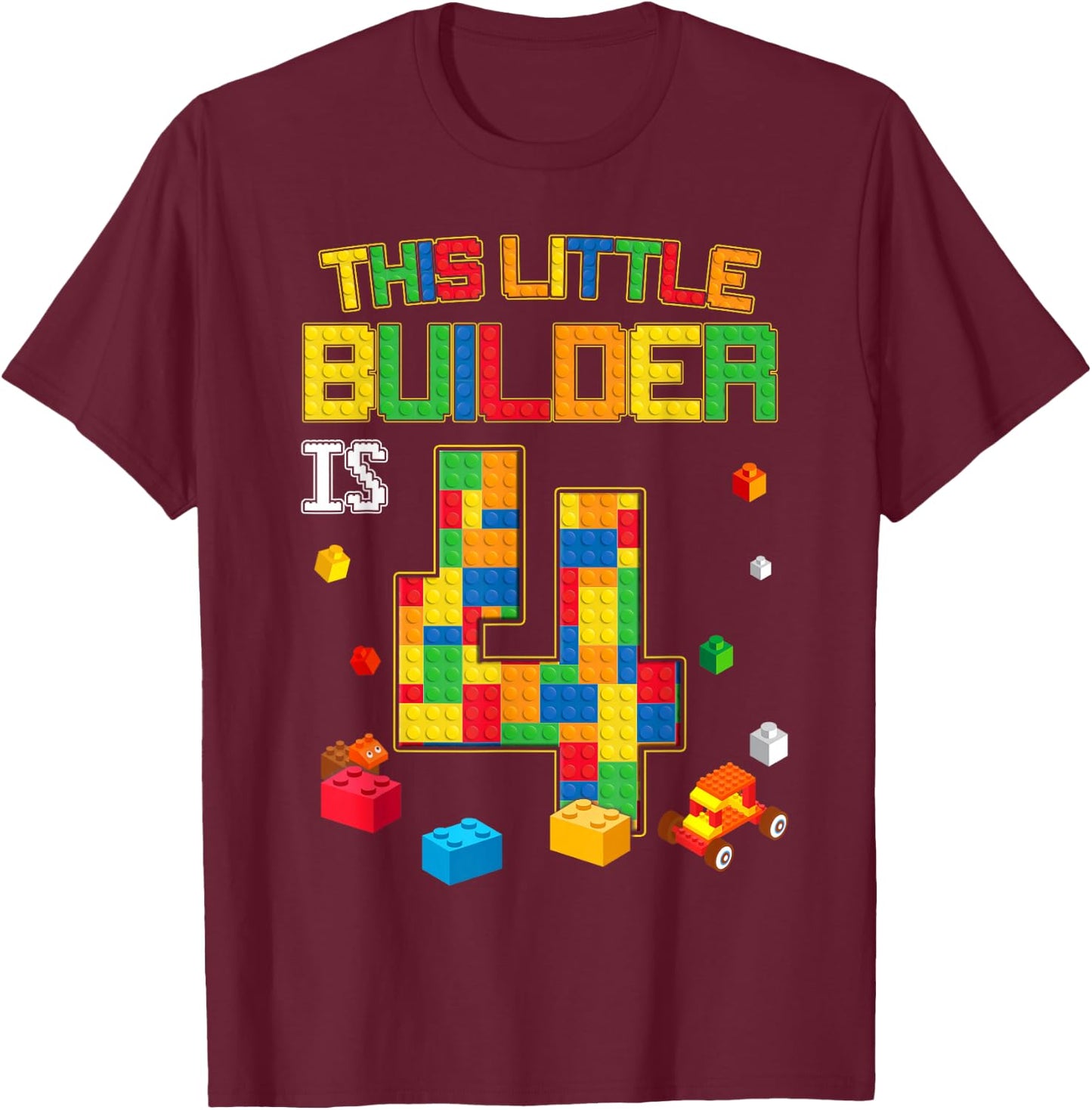 Building Blocks 4 Years Old Birthday Boy T-Shirt - T-Shirt | Maroon