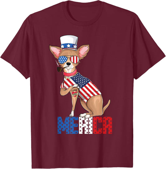 Chihuahua dog Merica 4th of july usa american flag men women T-Shirt - T-Shirt | Maroon