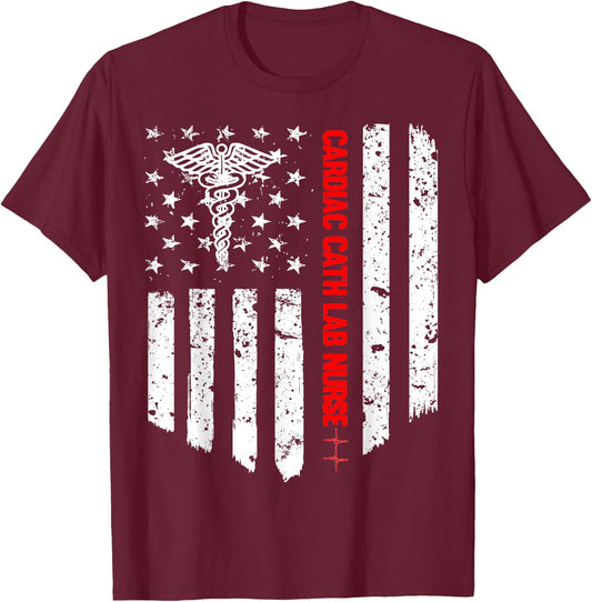 Cardiac Cath Lab Nurse American Flag Registered Nurse Gift T-Shirt - T-Shirt | Maroon