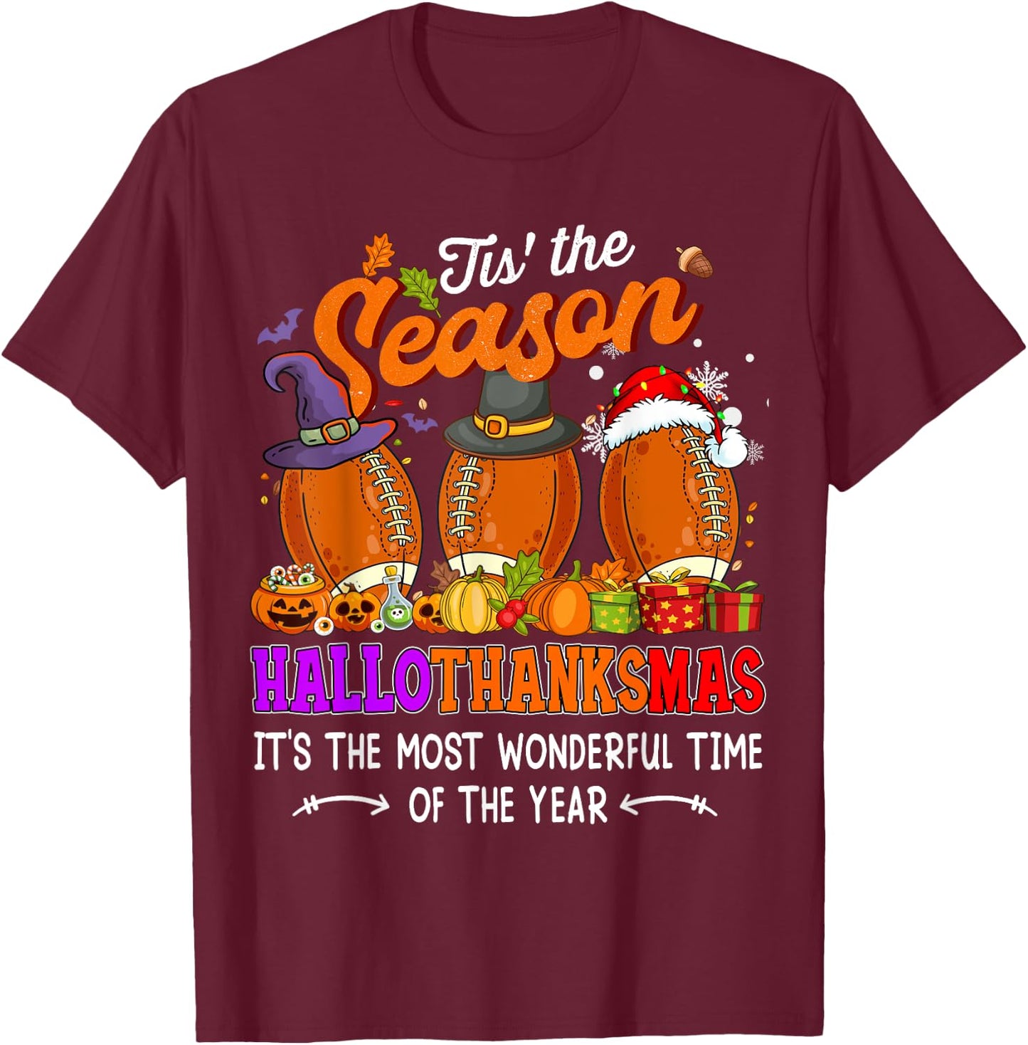 Happy HalloThanksMas Funny Halloween Thanksgiving Christmas T-Shirt - T-Shirt | Maroon