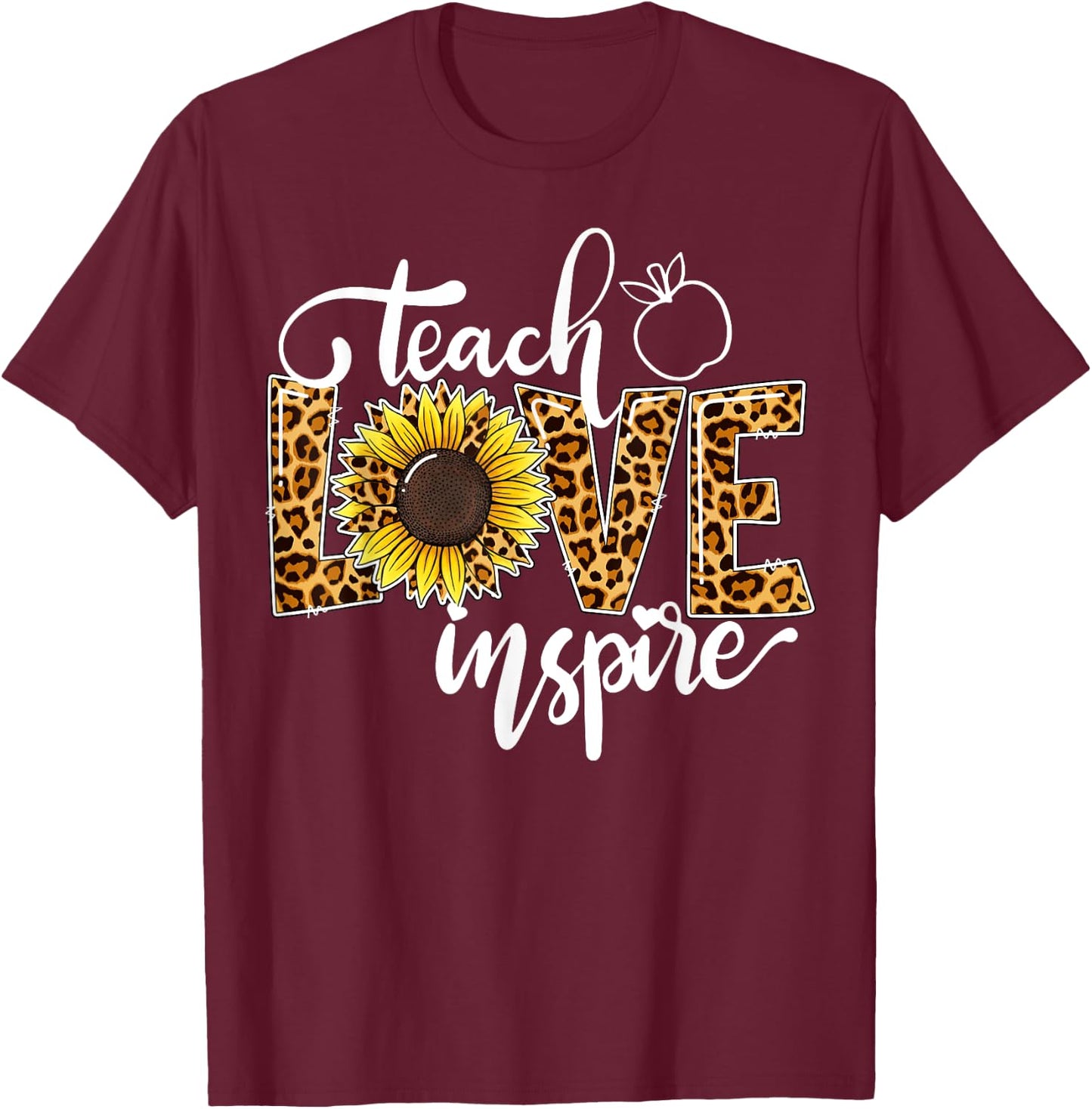Teach Love Inspire Cute Sunflower Leopard Cheetah Print T-Shirt - T-Shirt | Maroon