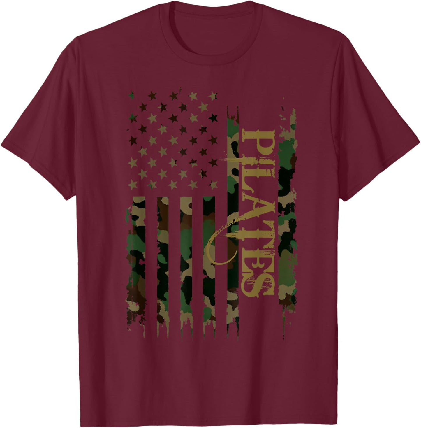 Pilates United States Distressed Camo w US Flag T-Shirt - T-Shirt | Maroon