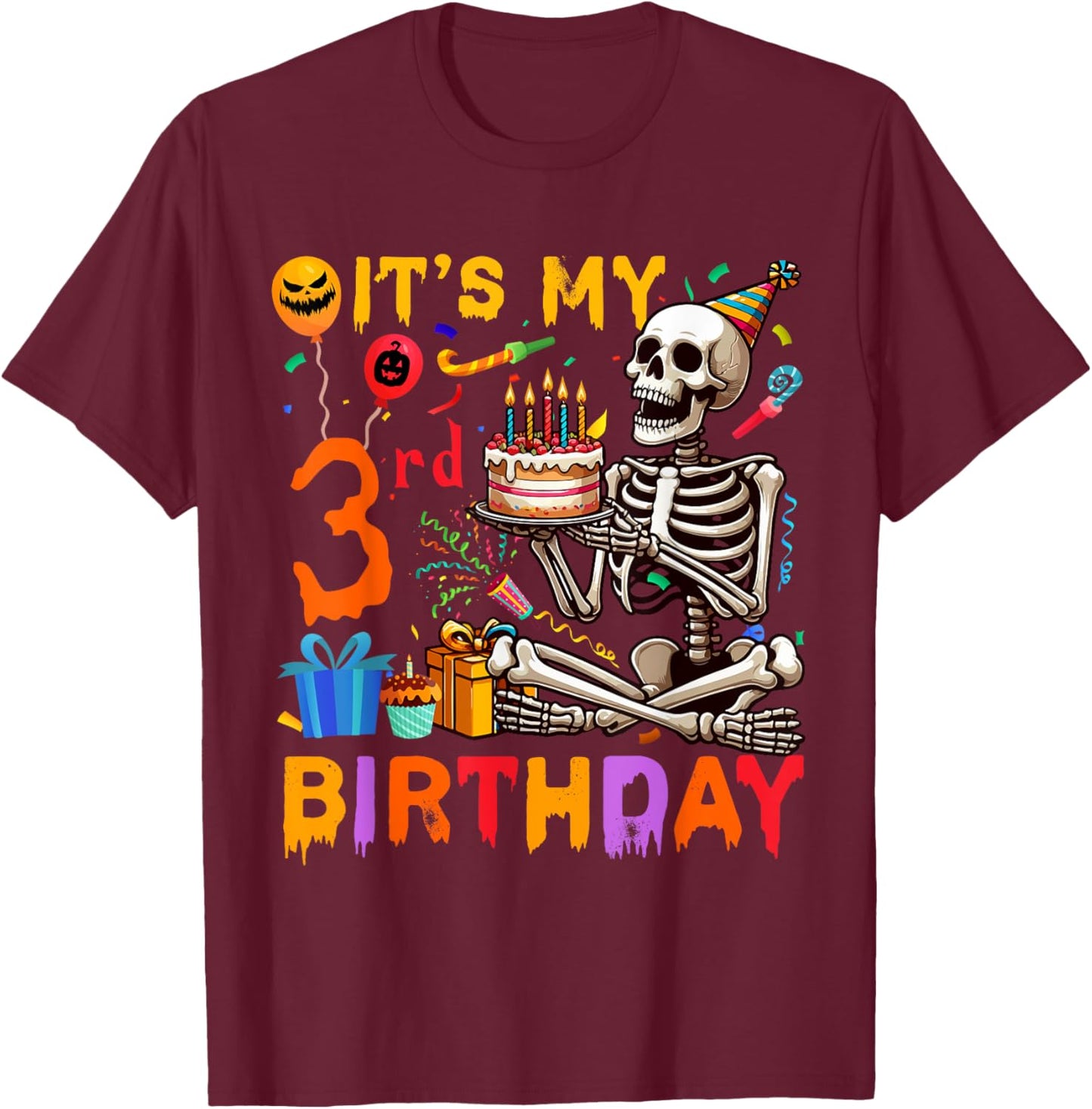 It's My 3rd Birthday Halloween Skeleton Matching Party T-Shirt - T-Shirt | Maroon