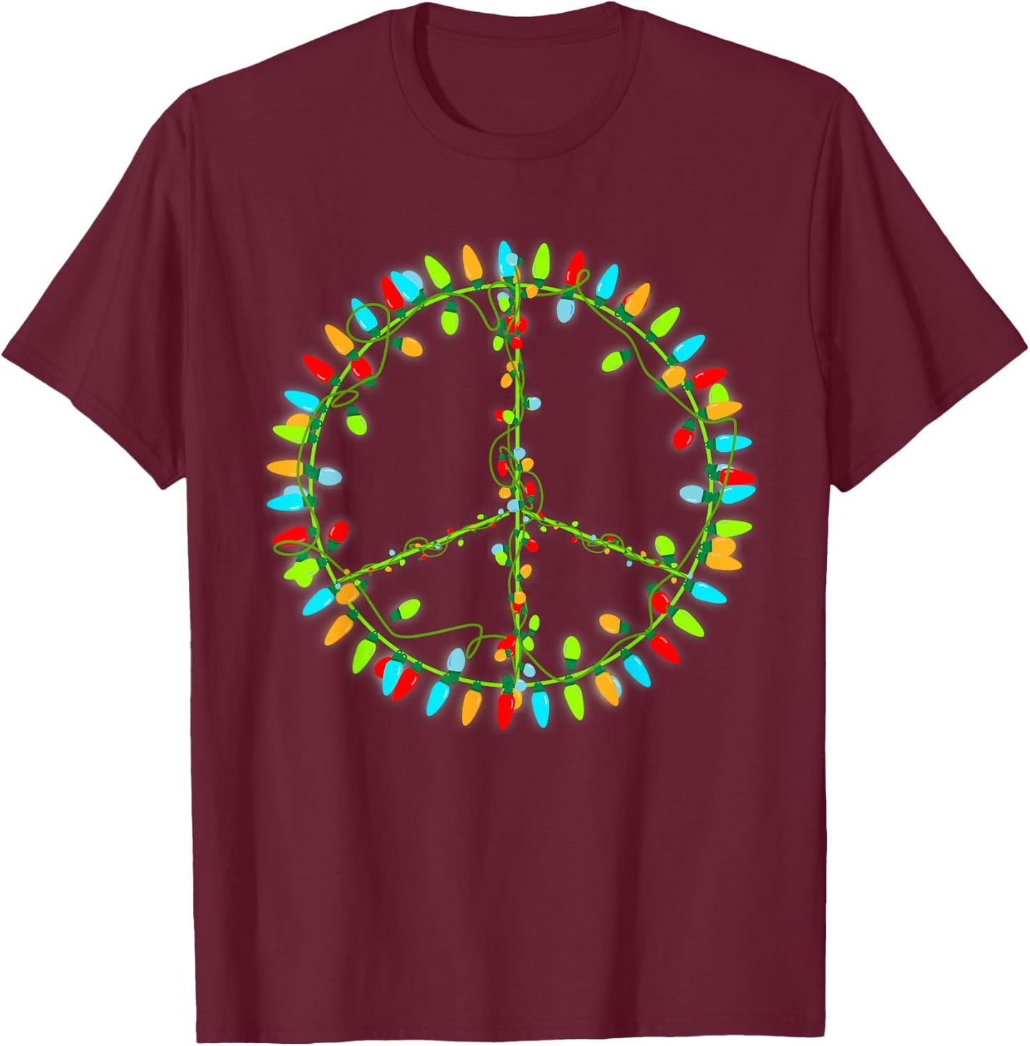 Christmas Lights Peace Sign Retro Hippie Happy Holidays T-Shirt - T-Shirt | Maroon