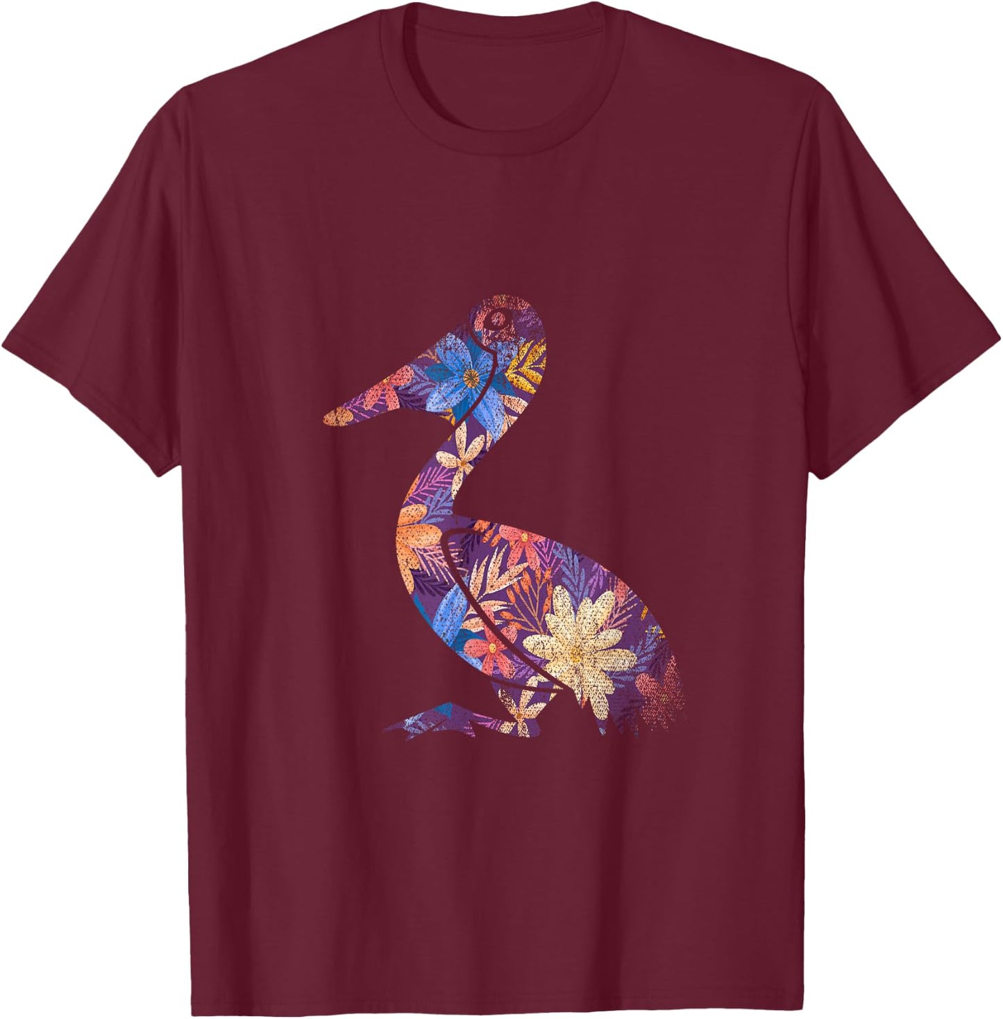 Water Bird Design Pelican Beak Floral Pelican - -Adults - Black - Small - Short Sleeve - Classic Fit - Cotton 65%, Polyester 35% T-Shirt - T-Shirt | Maroon