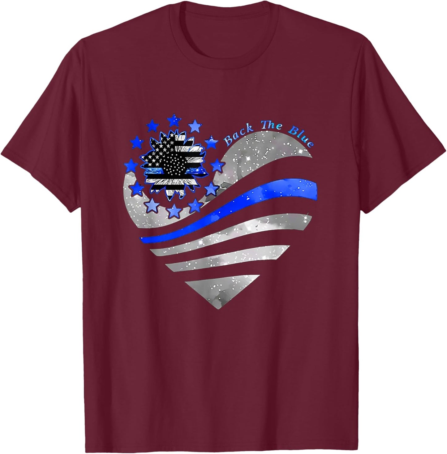 Sunflower Thin Blue Line Police Heart Back The Blue Law Enfo T-Shirt - T-Shirt | Maroon