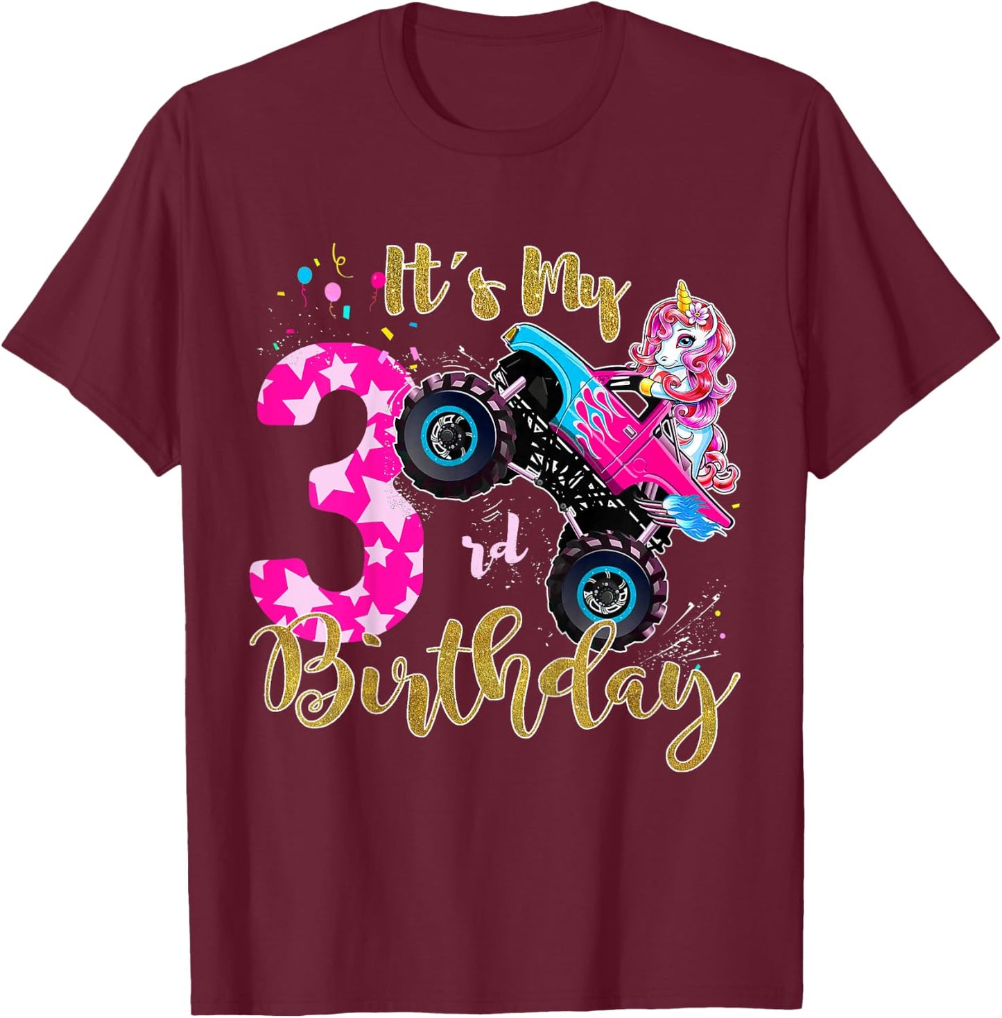 Kids Monster Truck Unicorn T Shirt Girls 3rd Birthday Daughter T-Shirt - T-Shirt | Maroon