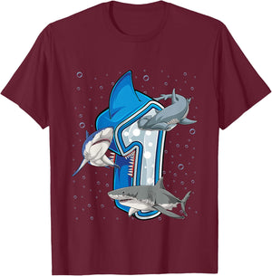 Kids 1st Birthday Boys Shark 1 year Old Ocean Shark B-day T-Shirt - T-Shirt | Maroon