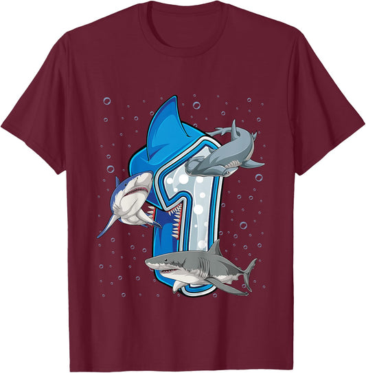Kids 1st Birthday Boys Shark 1 year Old Ocean Shark B-day T-Shirt - T-Shirt | Maroon