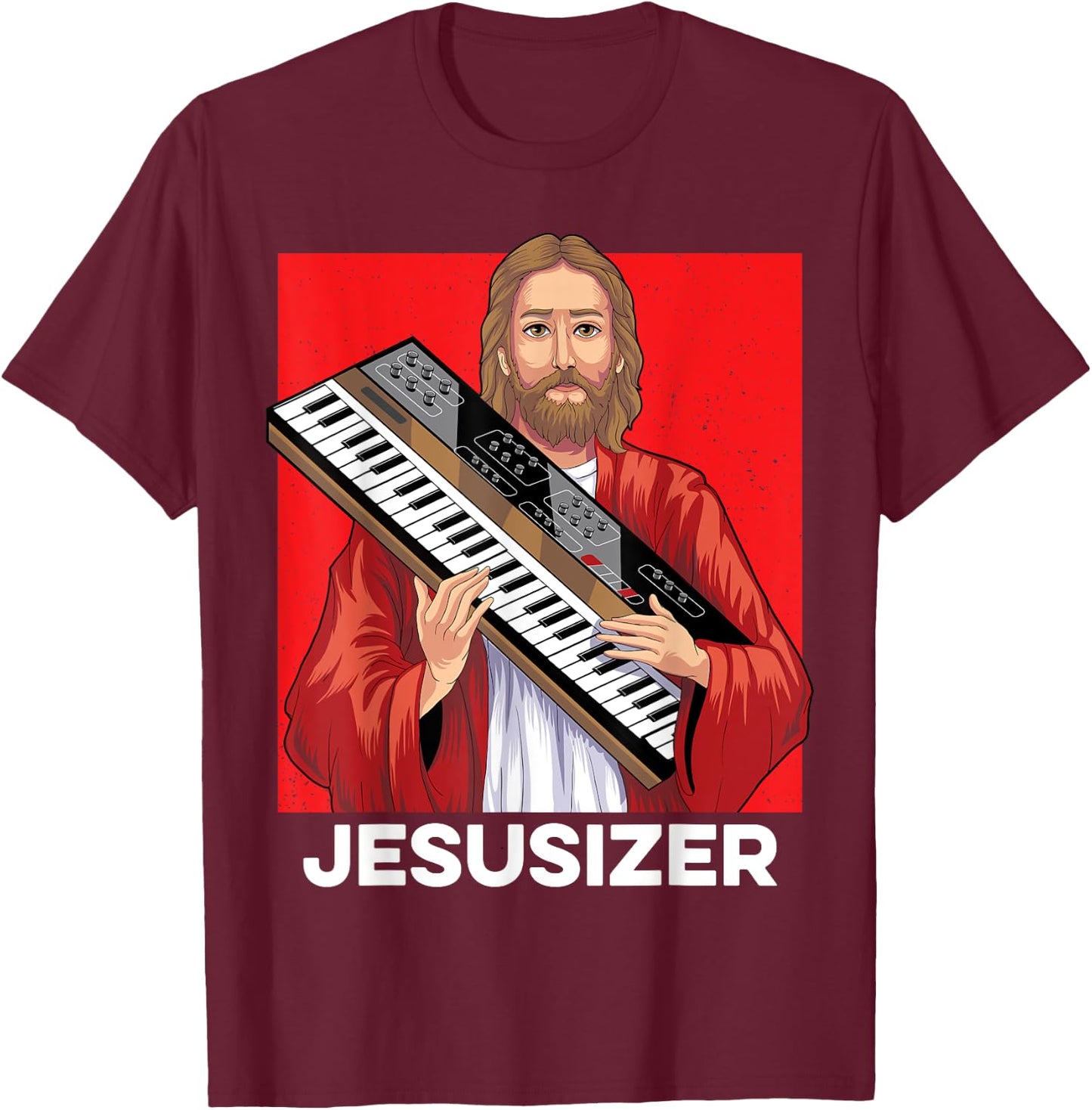 Jesusizer Holy Synthesizer Analog Jesus Synth Music Nerd T-Shirt - T-Shirt | Maroon