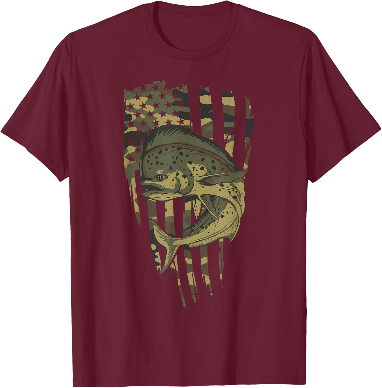 Vintage US Flag Camo Mahi Mahi Fishing T-Shirt - T-Shirt | Maroon