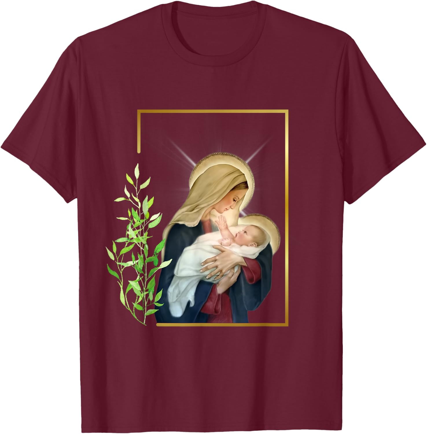 Blessed Holy Virgin Mary with Child Jesus - Rosary Catholic T-Shirt - T-Shirt | Maroon