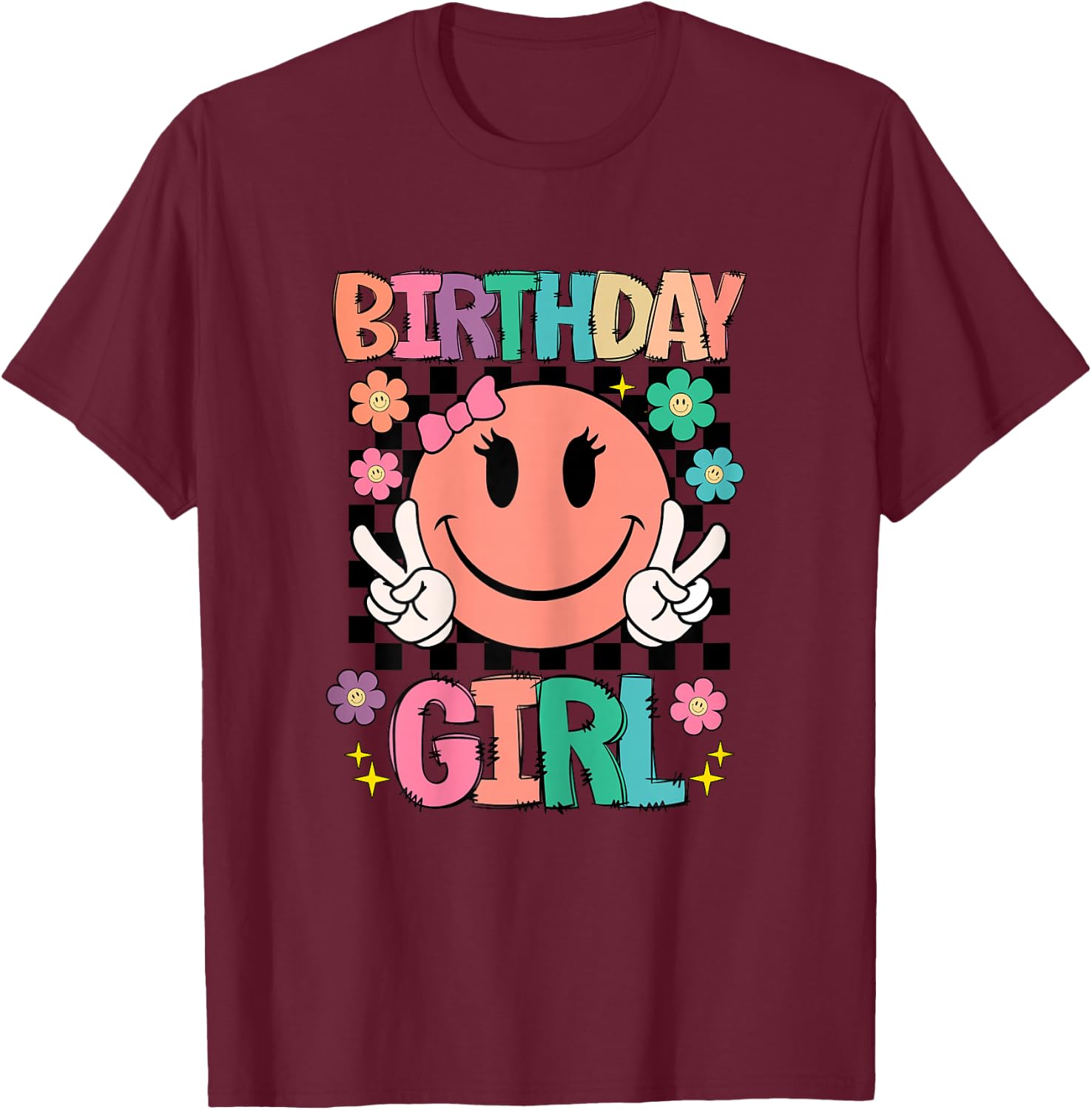 Birthday Girl Daisy Happy Face Checkered Pattern Smile Face T-Shirt - T-Shirt | Maroon