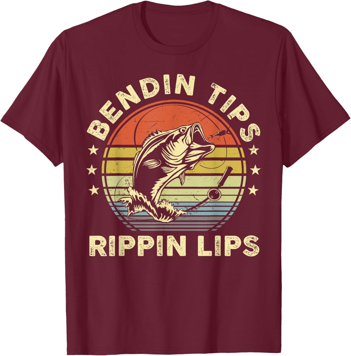 Funny Bass Fish Dad Bending Tips Rippin Lips Fishing Dad T-Shirt - T-Shirt | Maroon