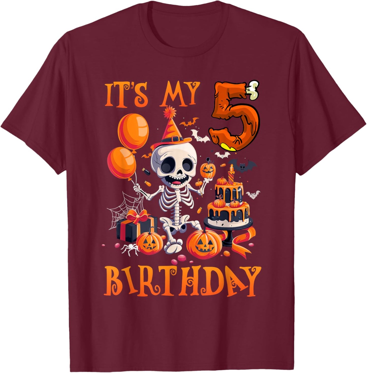 Kids Boo It's My 5th Birthday Halloween Skeleton 5 Years Old T-Shirt - T-Shirt | Maroon