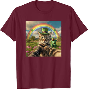 St Patrick's Day Cat Selfie with Leprechaun Funny Photo T-Shirt - T-Shirt | Maroon
