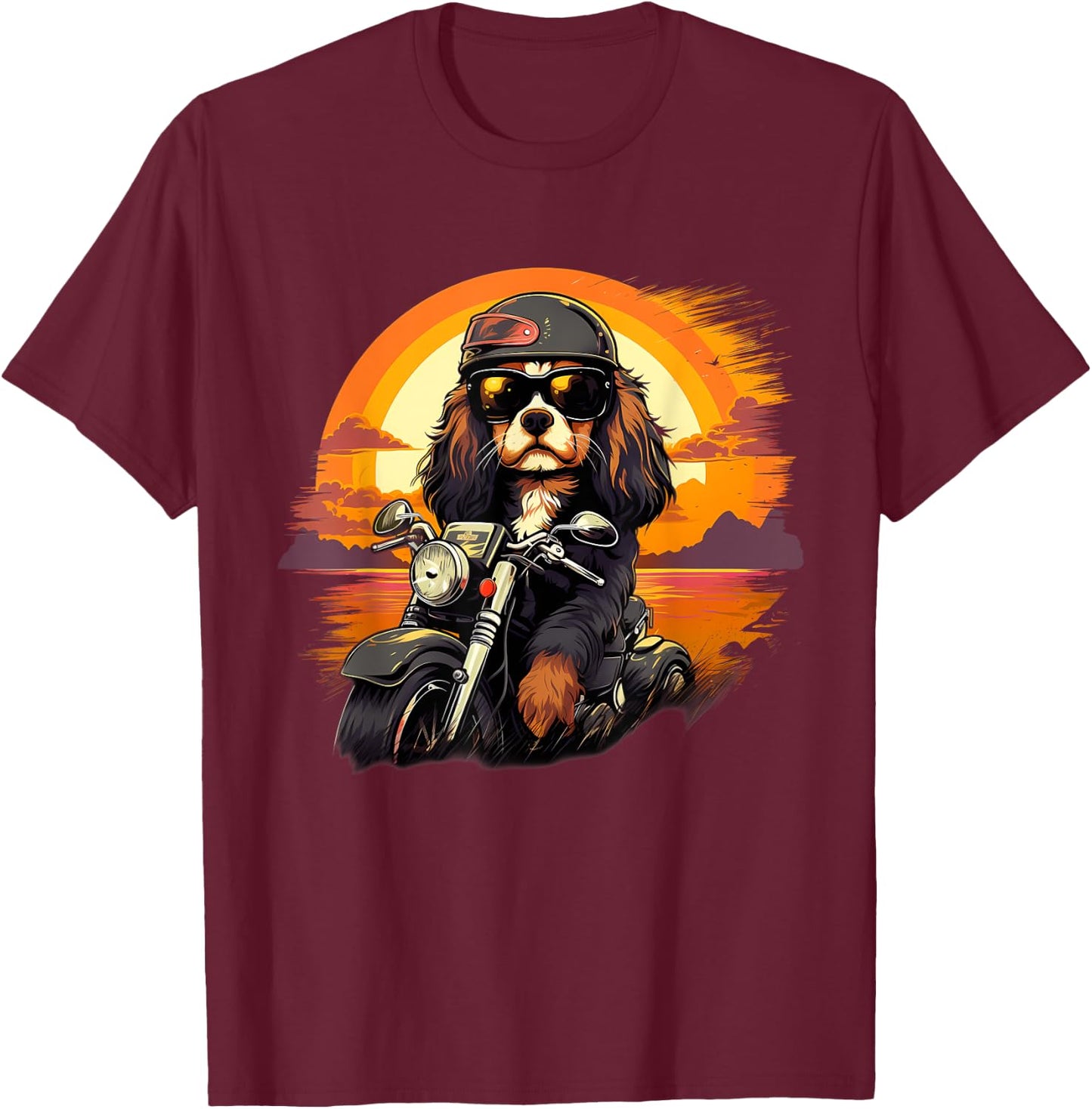 Biker Cavalier King Charles Spaniel Dog Riding Motorcycle T-Shirt - T-Shirt | Maroon