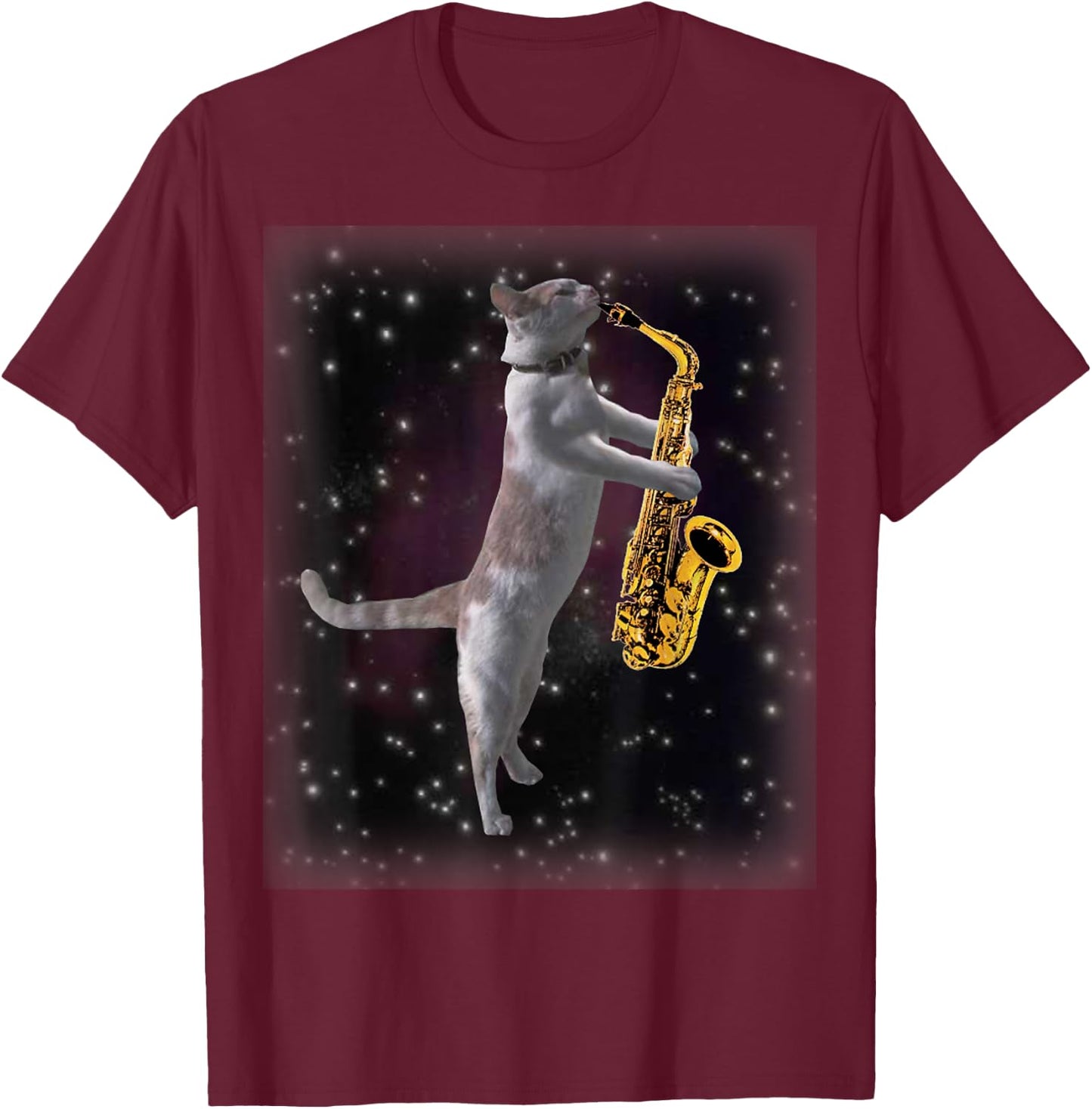 Cat Playing Saxophone | Cats In Space With Sax T-Shirt - T-Shirt | Maroon