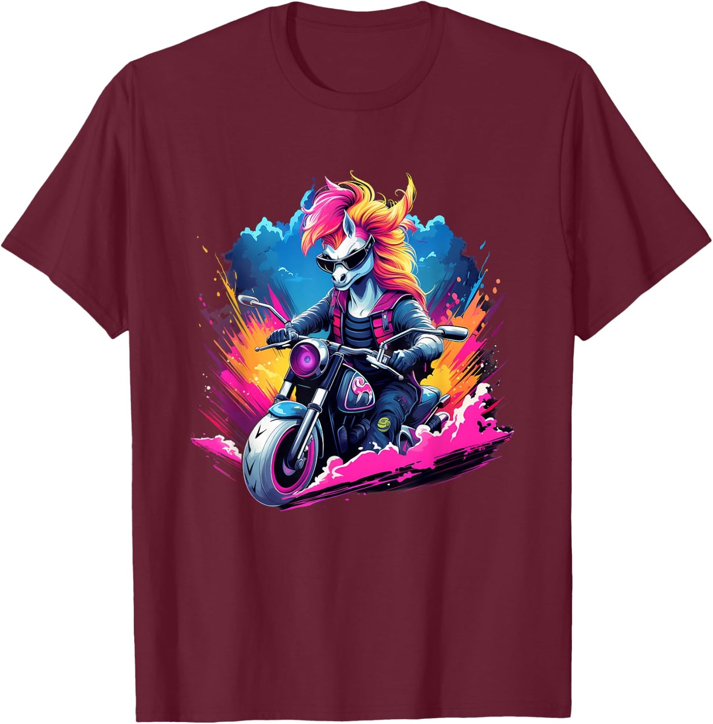 Biker Unicorn Riding Motorcycle T-Shirt - T-Shirt | Maroon