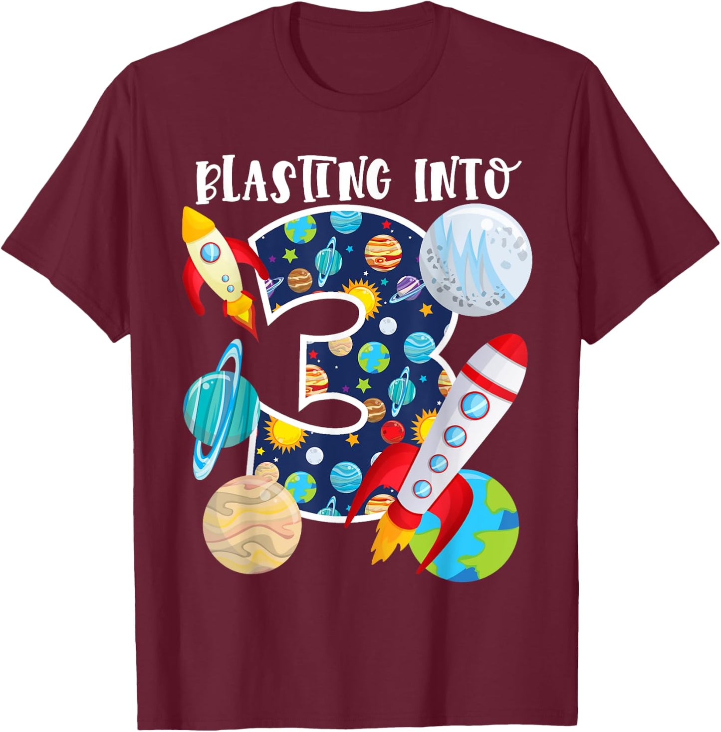 Blasting Into Outer Space 3 Year Old 3rd Birthday Party Kids T-Shirt - T-Shirt | Maroon