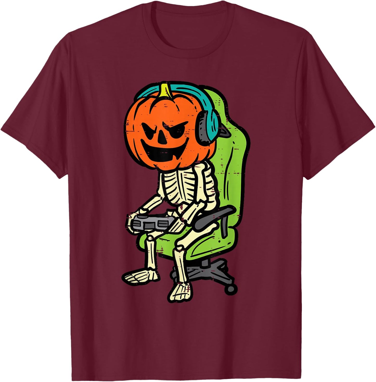 Halloween Gamer Skeleton Pumpkin Costume Men Boys Kids Teen T-Shirt - T-Shirt | Maroon