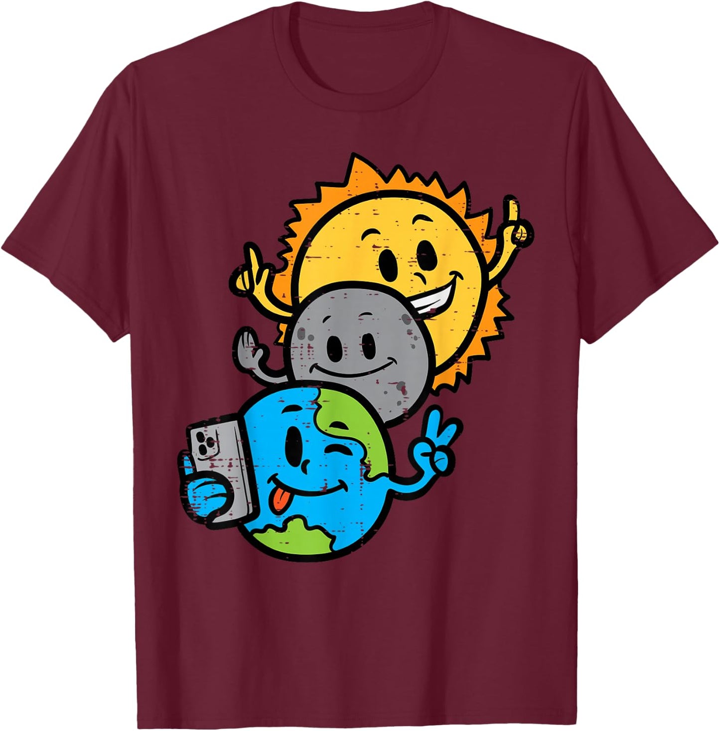 Selfie Earth Moon Sun Funny Total Solar Eclipse 2024 Kids T-Shirt - T-Shirt | Maroon