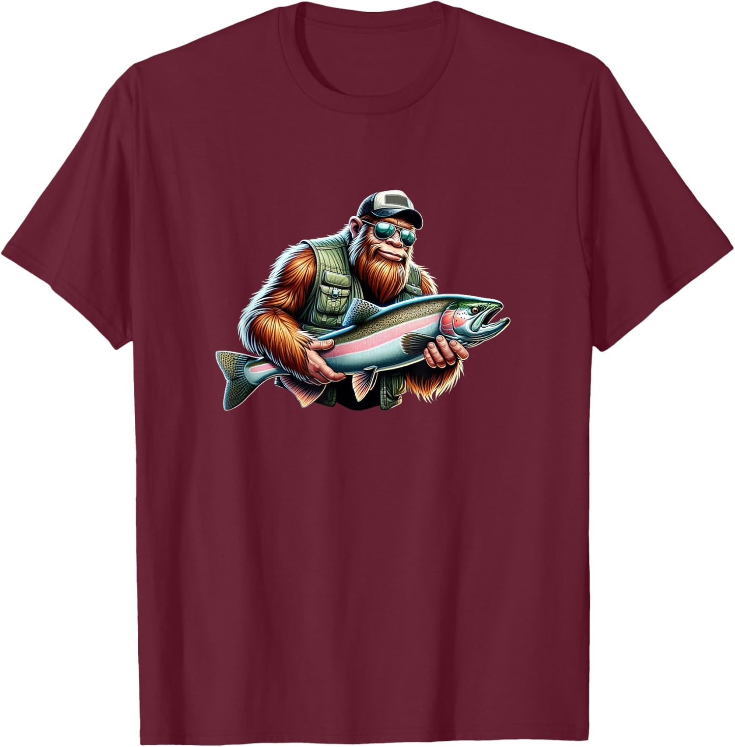 Bigfoot Fisherman - Fishing Steelhead T-Shirt - T-Shirt | Maroon