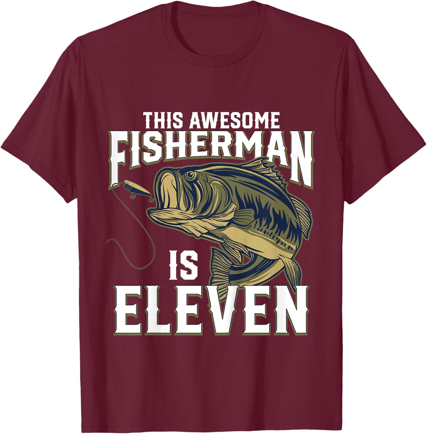 Kids 11 Year Old Fishing Birthday Party Fisherman 11th Gift Boy T-Shirt - T-Shirt | Maroon