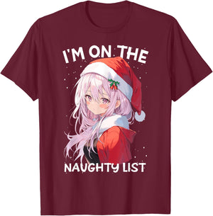 Christmas Naughty List Cute Anime Girl Santa Hat Anime Otaku T-Shirt - T-Shirt | Maroon