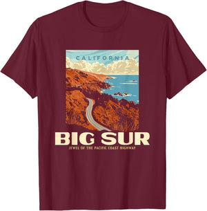 Retro Big Sur California Coast WPA Style Vintage Graphic T-Shirt - T-Shirt | Maroon