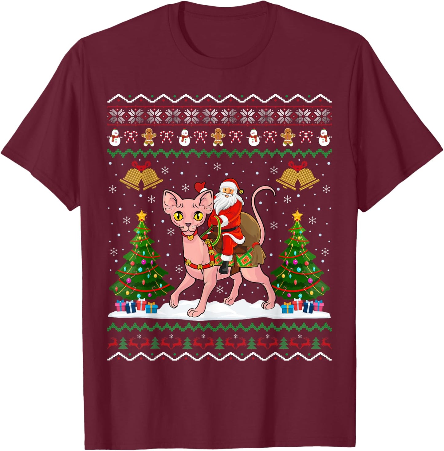 Ugly Sphynx Cat Xmas Gift Santa Riding Sphynx Cat Christmas Women Kids T-Shirt - T-Shirt | Maroon