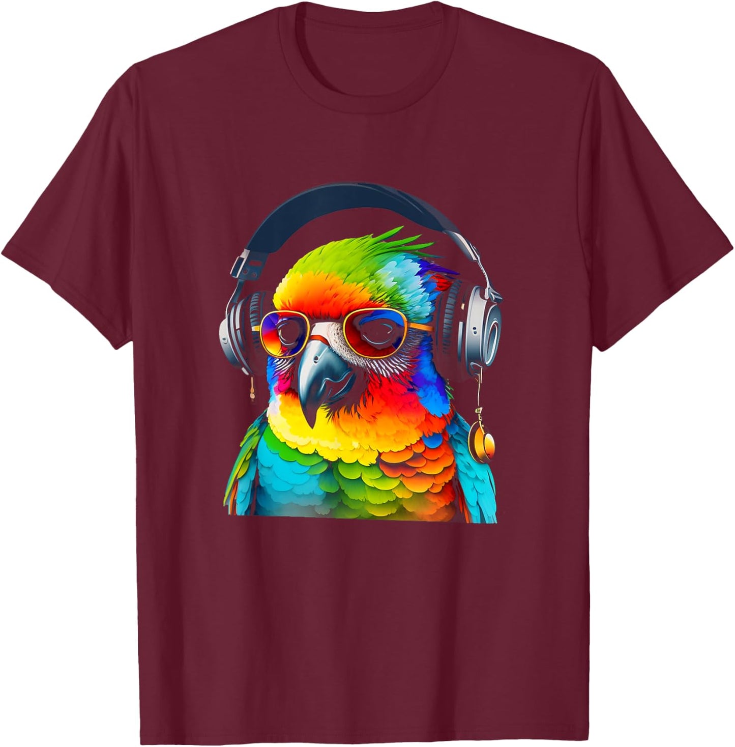 DJ Parrot with Sunglasses Headphones Music Funny Parrot T-Shirt - T-Shirt | Maroon