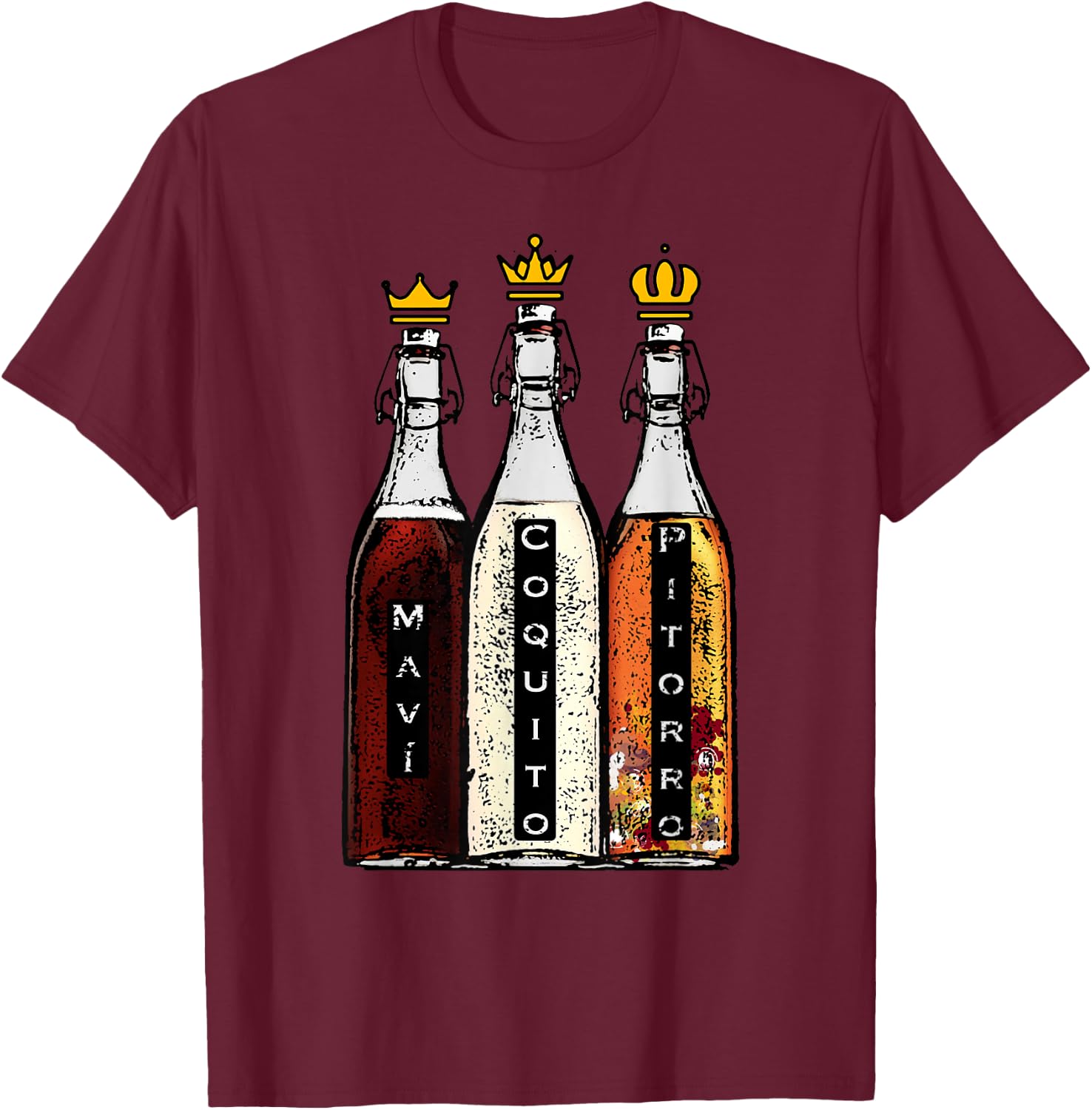 Puerto Rico Three Kings Mavi Coquito and Pitorro Boricua T-Shirt - T-Shirt | Maroon