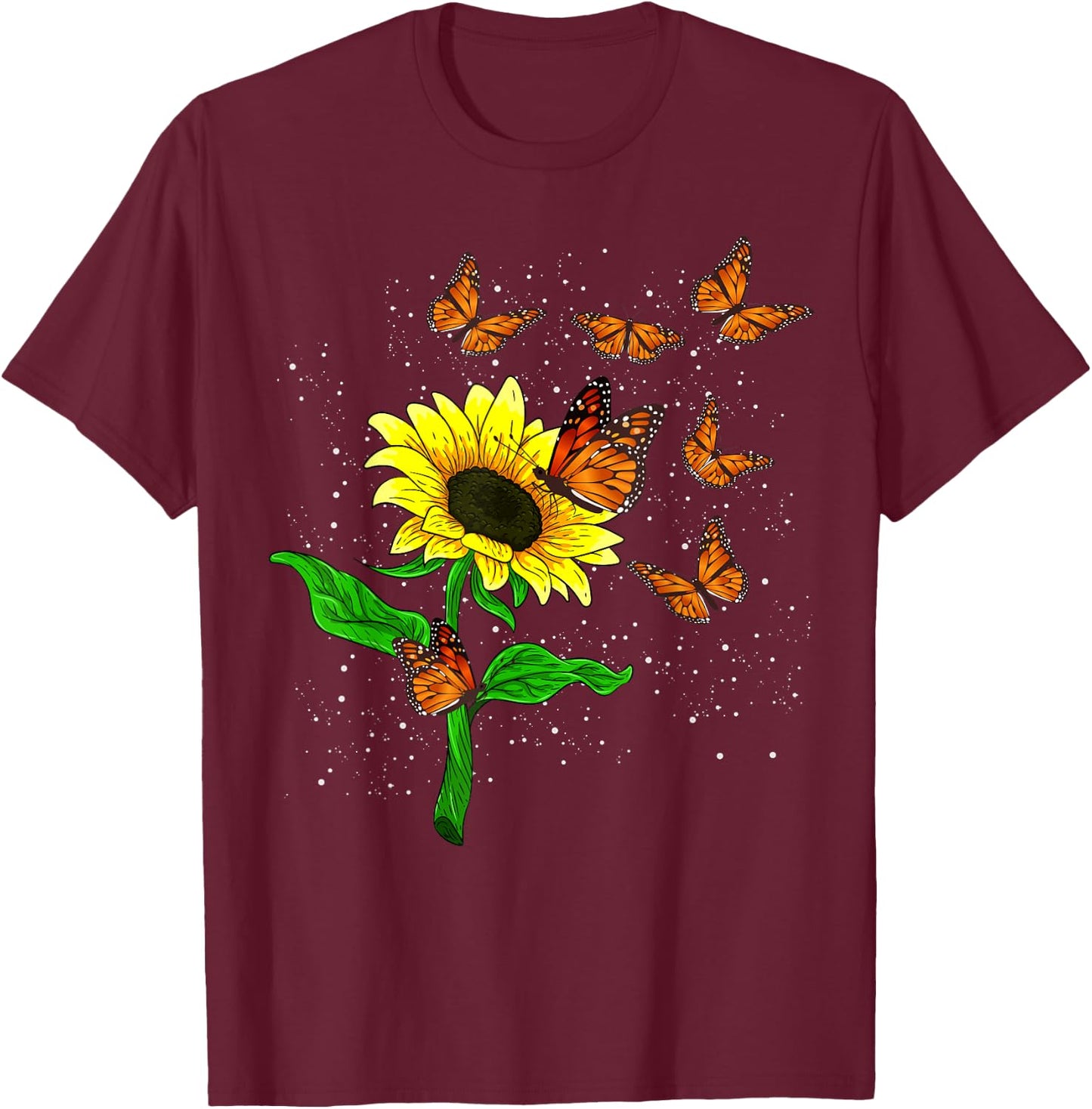 Nature Yellow Flower Blossom Butterfly Floral Sunflower T-Shirt - T-Shirt | Maroon