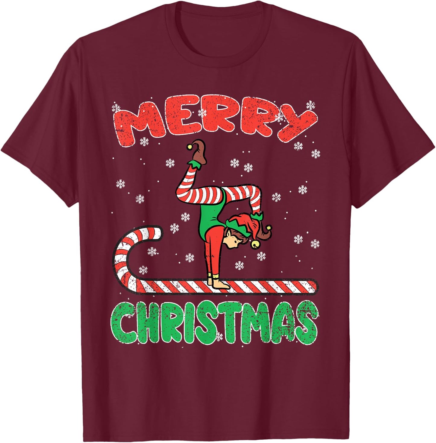 Gymnast Elf Christmas Pajama X-mas Candy Cane Snowflakes T-Shirt - T-Shirt | Maroon